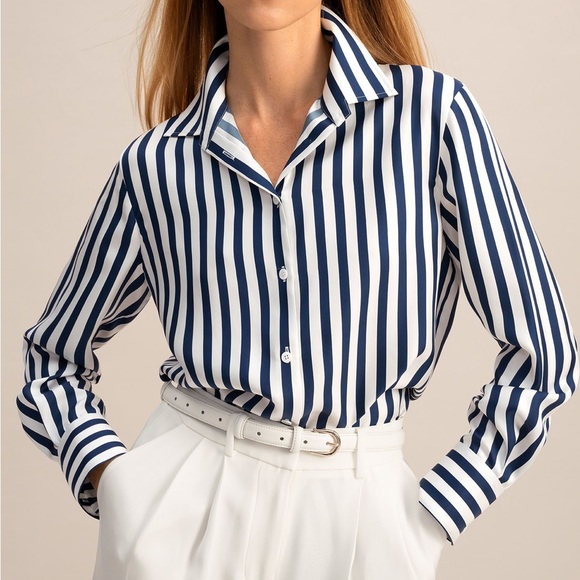 Lilysilk NWT Amalfi Stripe Silk Shirt Blue & White Pinstripe - Picture 4 of 6